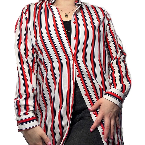 ‼️SALE‼️ LIGHTWEIGHT RED WHITE NAVY BLUE STRIPED BUTTON DOWN LONG SLEEVE BLOUSE - Picture 2 of 4